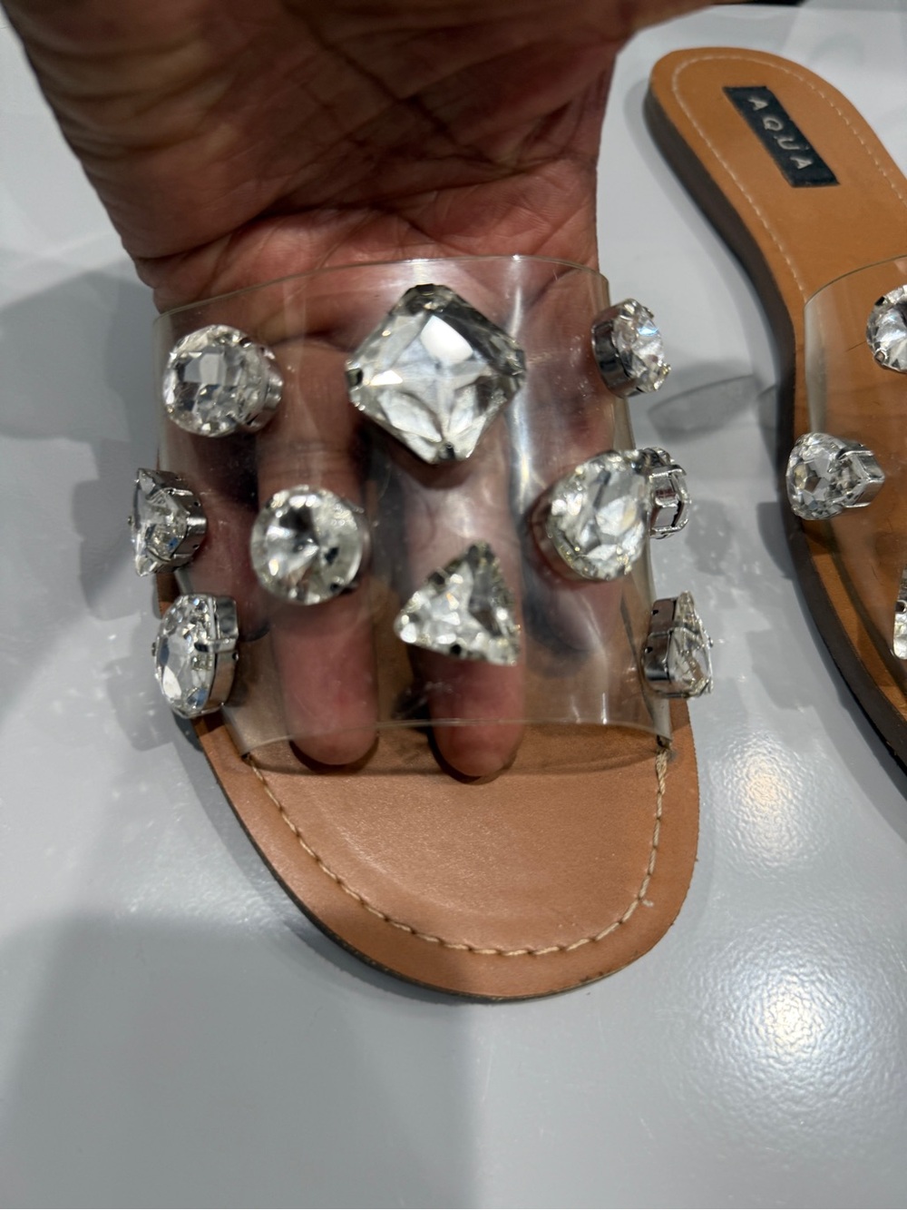 Aqua Clear Gem-Embellished Slide Sandals - Tan Footbed size 10 - Picture 7 of 12